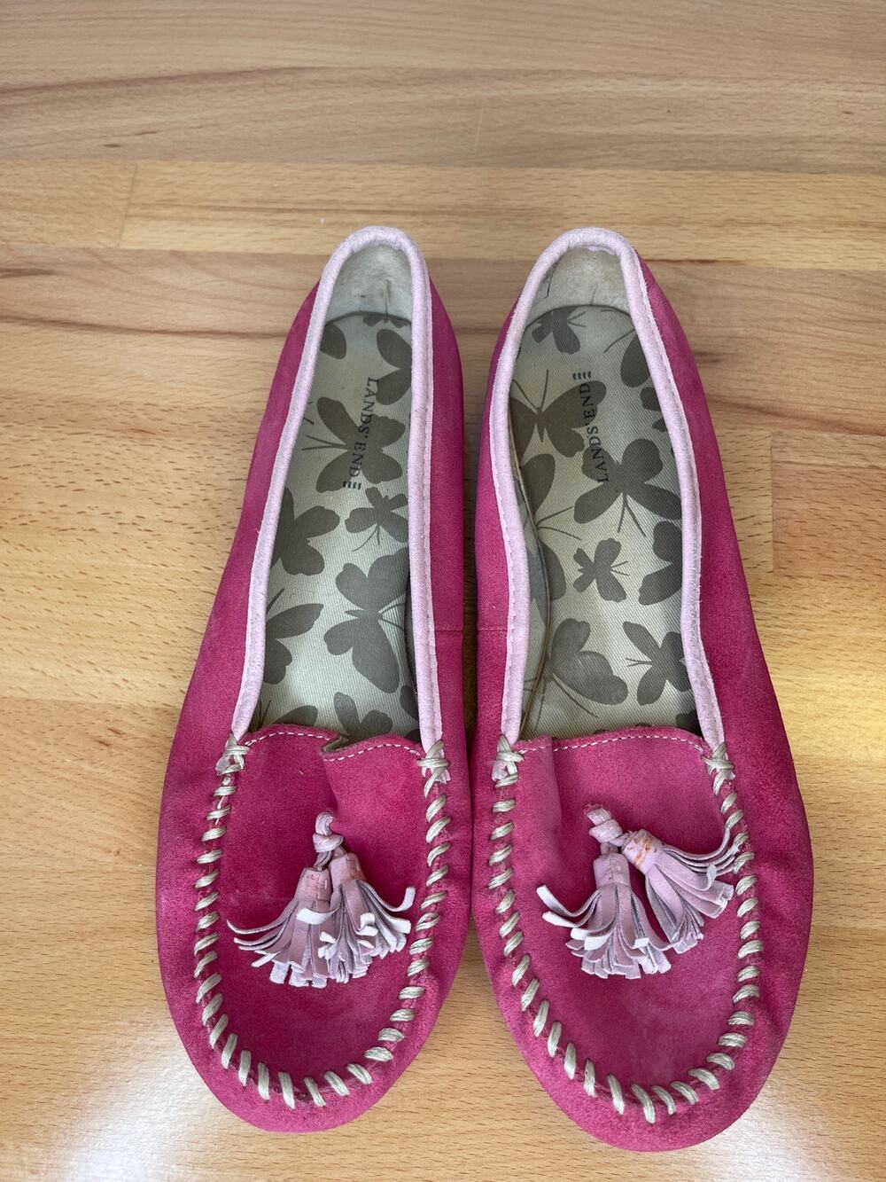 Lands End Hot Pink Flats with tassels 8M comfort slip on moccasin